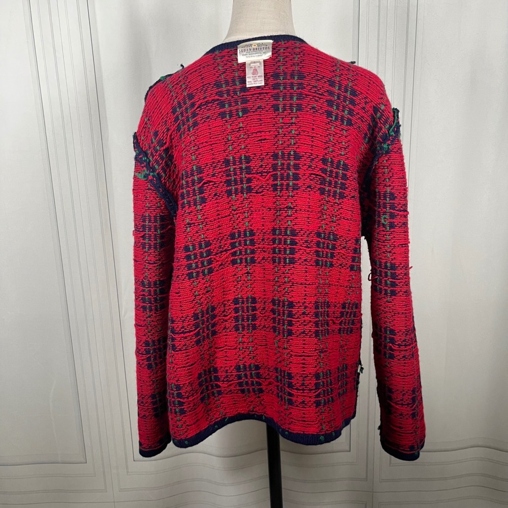 Vintage 90's Susan Bristol Wool Cardigan Sweater Plaid Knit Navy Red Green- L - Picture 13 of 16